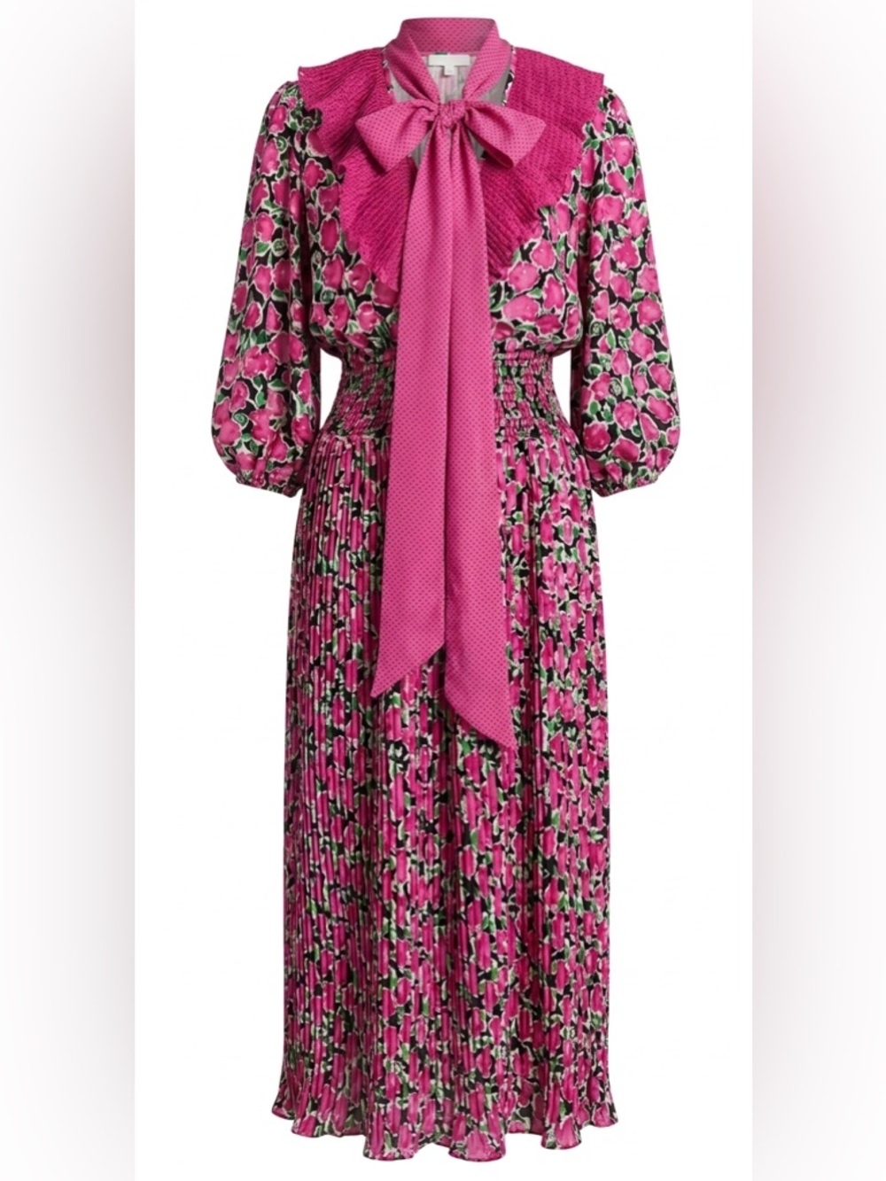 Vintage 80s Pink Floral Pleated Midi Dress Scarf USA Dopamine Dressing Coquette